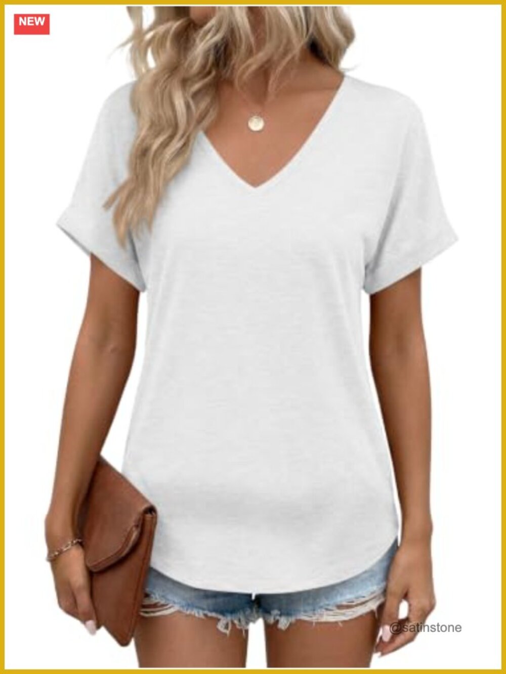 Women's V-Neck Rolled Sleeve Tee Loose Fit Curved Hem Tunic Top Summer